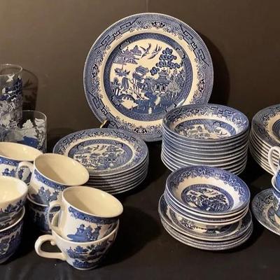 Johnson Brothers “Willow” with Matching Glasses and Wind Chimes