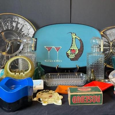 1950’s Jeanette Glass Platters, Cocktail Tray, and Ashtrays