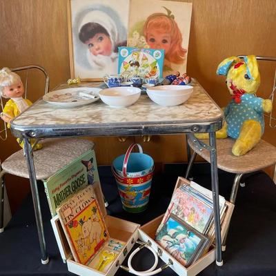 Child’s Metal Table and Chairs with Vintage Toys