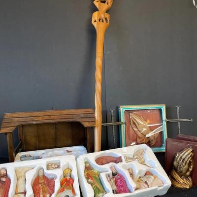 Hand Carved African Walking Stick with Ceramic Nativity Set