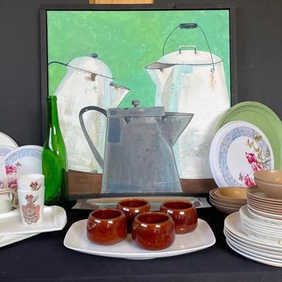 Contemporary Still Life Painting On Canvas Art with Vintage Melamine Dinnerware