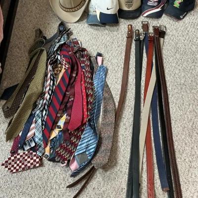 Large Assortment of Men’s Ties, Belts + Hats