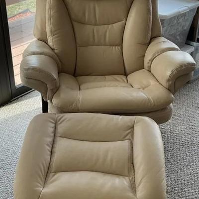 Cream Faux Leather Swivel Recliner Adjustable Back and Ottoman 