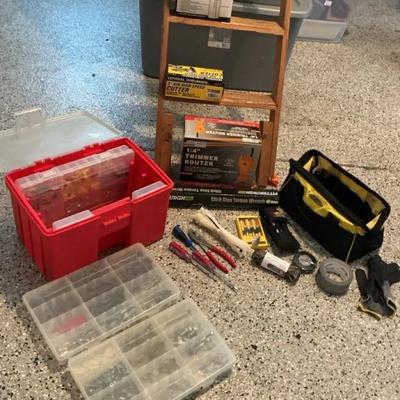 Assortment of Hand Tools, Accessory Bag and 5-Sleeve Container