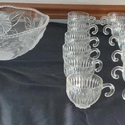 Large Etched Glass Serving Bowl + 12 Glasses