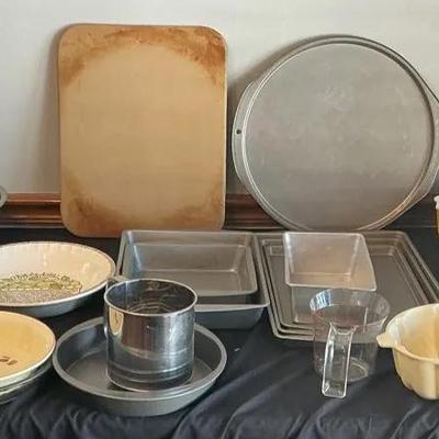 Large Assortment of Baking Pans, Cups + Tools