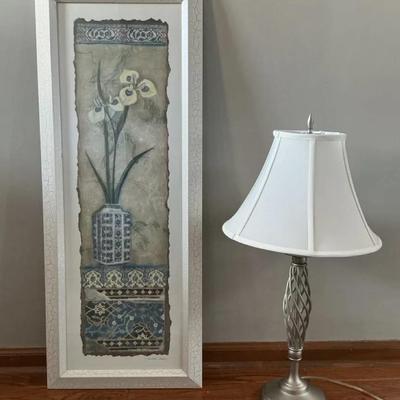 Floral Wall Art and Silver Table Lamp