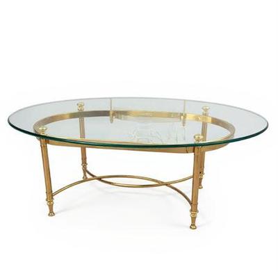 Lot 004   
Mid Century Brass and Glass Cocktail Table