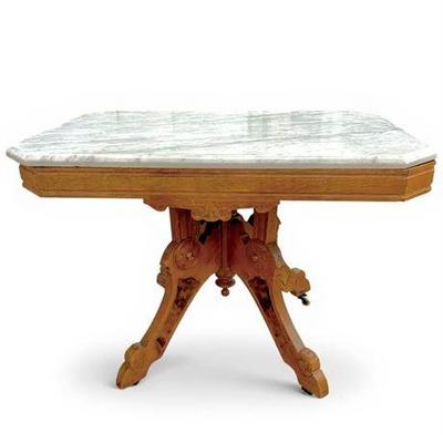 Lot 105  
Antique Eastlake Walnut Burl Marble Top Coffee Table