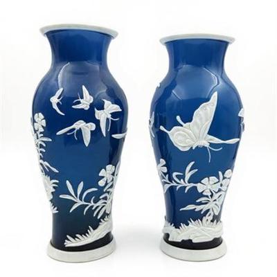 Lot 021-S   
Peking Cameo Glass Vases, Early 20th C , White on Blue, Pair
