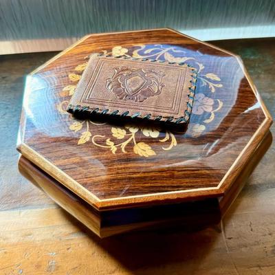 Reuge Octagonal Inlaid Music Jewelry Box – Swiss Edelweiss Movement with Tooled Leather Wallet