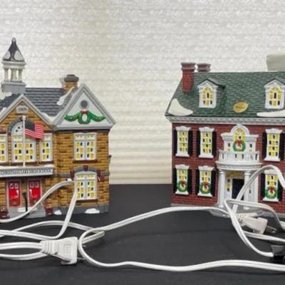 Lighted Christmas Snow Village – High School & Federal-Style House Buildings