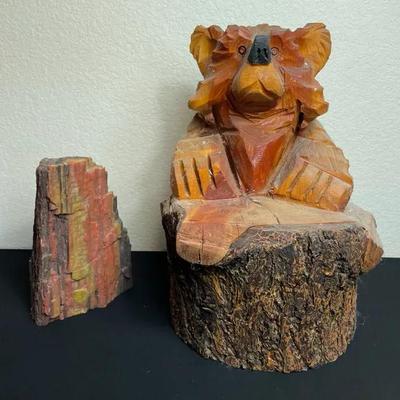 Stone Meets Spirit: Petrified Wood & Hand-Carved Bear Sculpture