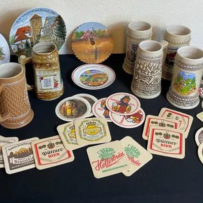 Tan German Beer Steins – Relief Scenes, Lidded Mugs & Vintage Coasters
