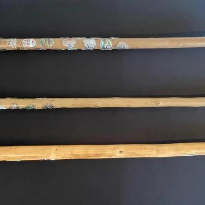 German Hiking Stick Trio with Metal Tips & Decorative Badges