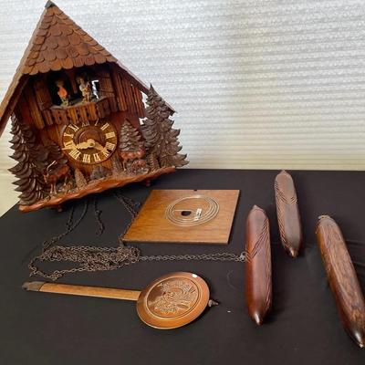 German Cuckoo Clock Cabin Scene with Weights, Chains & Pendulum
