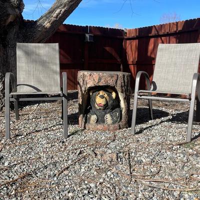 Chilling In The Woods aka Rustic Retreat: Bear Wood Carving with Outdoor Chair
