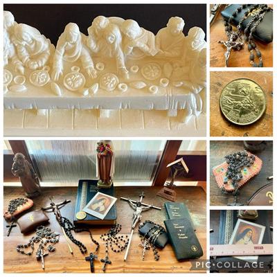Catholic Devotional Collection – Alabaster Last Supper, Rosaries, Medals & Religious Ephemera