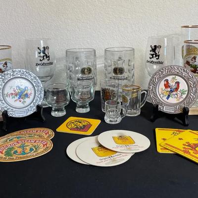 Gold-Trimmed Glassware & Breweriana Lot – German Glasses, Plates & Coasters