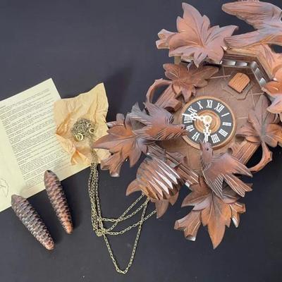 Carved German Cuckoo Clock with Bird & Leaf Motif (Weights & Chains Included)
