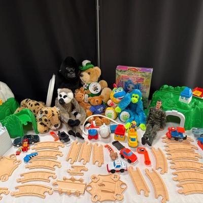 Toy Land Playset Lot – Fisher-Price Figures, Train Tracks, Vehicles & Plush Toys