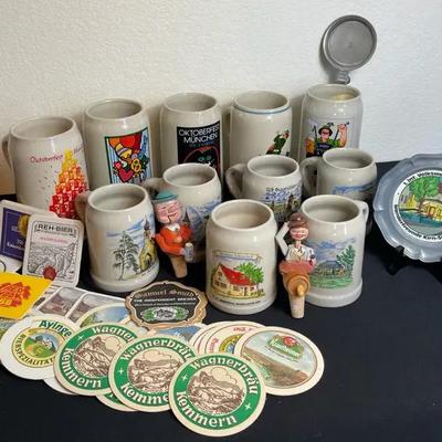 Prost! Vintage Oktoberfest Stein Collection with Beer Coasters & Pewter Tray
