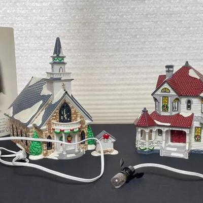 Victorian Christmas Village Pair – Queen Anne House & Holy Spirit Church