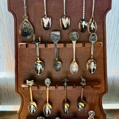 Wall-Mounted Souvenir Spoon Collection with Display Rack
