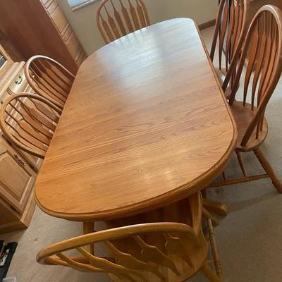 Solid Oak Dining Table with Six Arrow Back Chairs