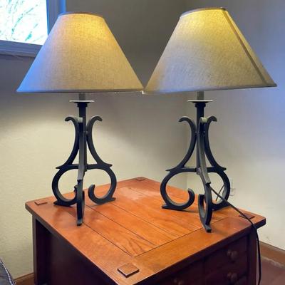 Pair of Wrought Iron Scroll Lamps – Rustic European Style with Shades
