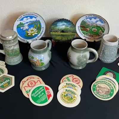 Green & Grey German Beer Steins – Lidded Steins with Coasters & Brewery Graphics