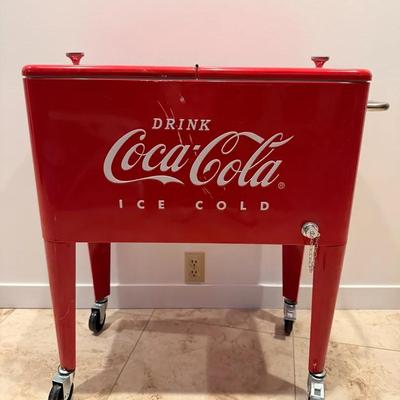 Coca-Cola “Ice Cold” Rolling Cooler Cart w/ Bottle Opener – Red Metal Retro Style