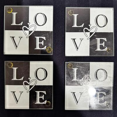 Glass “LOVE” Coaster Set – Black & White Design (Set of 4)