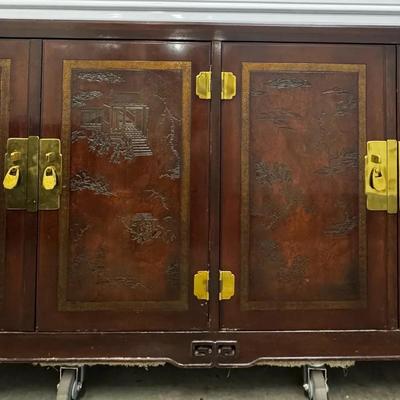 Heritage Asian-Style Red Lacquer Four-Door Cabinet w/ Brass Hardware & Scenic Panels
