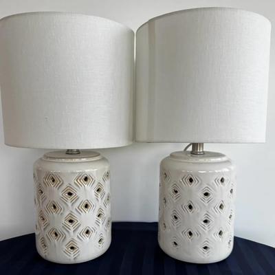 Pair of Modern White Ceramic Table Lamps w/ Linen Drum Shades – Geometric Cutout Design