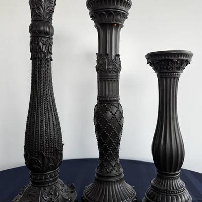 Set of 3 Ornate Black Candlesticks – Classical Column Style, Graduated Sizes