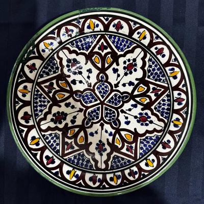 Hand-Painted Ceramic Bowl / Charger – Geometric Floral Design, Green Rim