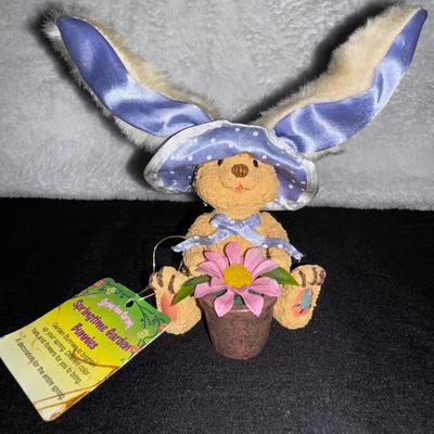 Springtime Garden Bunny Figurine – Easter Bunny with Flower Pot – Seasonal Décor
