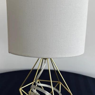 Modern Gold Geometric Wire Table Lamp w/ White Drum Shade – Contemporary Accent Light