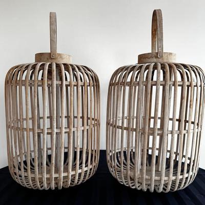 Pair of Large Woven Wood Lanterns – Rustic Farmhouse / Coastal Candle Decor