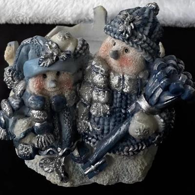 Snowman Couple Winter Figurine – Blue & Silver Resin Décor – Made in China (2000)
