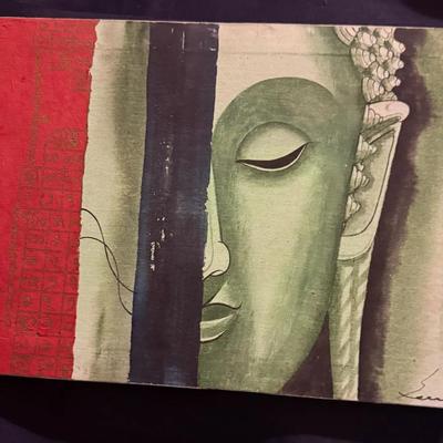 Signed Buddha Face Canvas Painting – Green Tones, Asian-Inspired Modern Art 