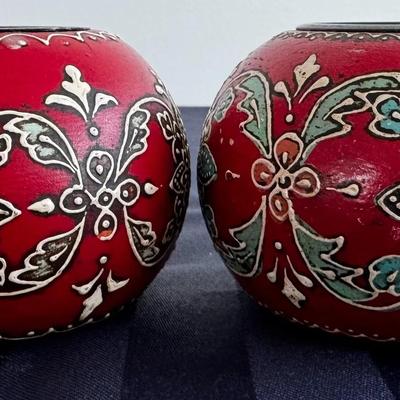 Pair of Hand-Painted Red Decorative Bowls w/ Floral Folk Art Design