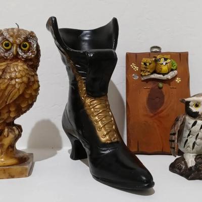 Owl Decor and Decorative Ceramic Witch Boot