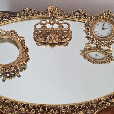 Vintage Hollywood Regency Gold-Tone Vanity Set with a Rose Motif