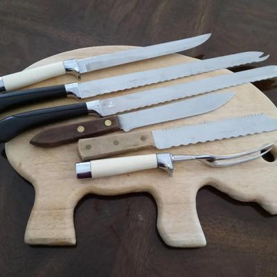 Wooden Pig Cutting Board and Collection of Knives