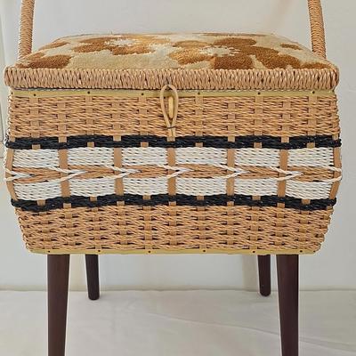Mid-Century Modern Wicker Sewing Basket with Wooden Legs 