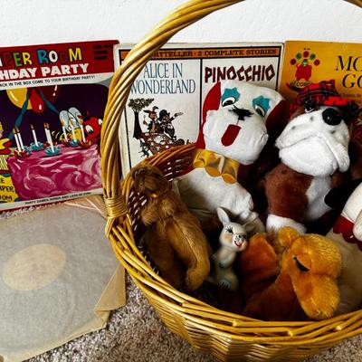 Vintage Children’s Albums and Basket Full of Stuffed Animals