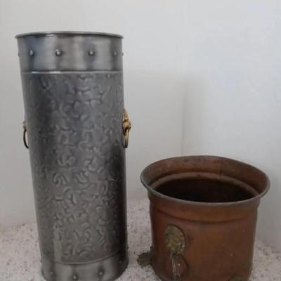 Vintage Copper Planter with Lion Accents and Metal Umbrella Stand