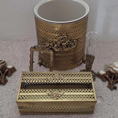 Vintage Hollywood Regency Gold-Tone Bath Decor with a Rose Motif 